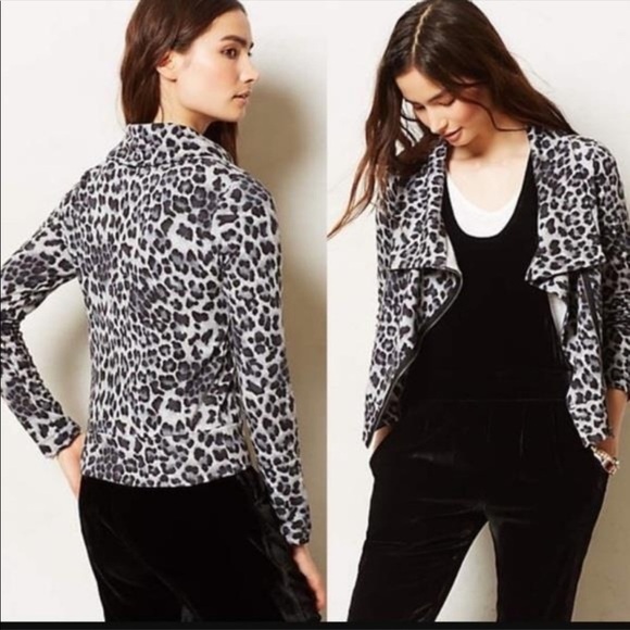 Women’s Anthropologie Bordeaux Gray Leopard Print Moto Zip Up Jacket Size Medium - Picture 2 of 6